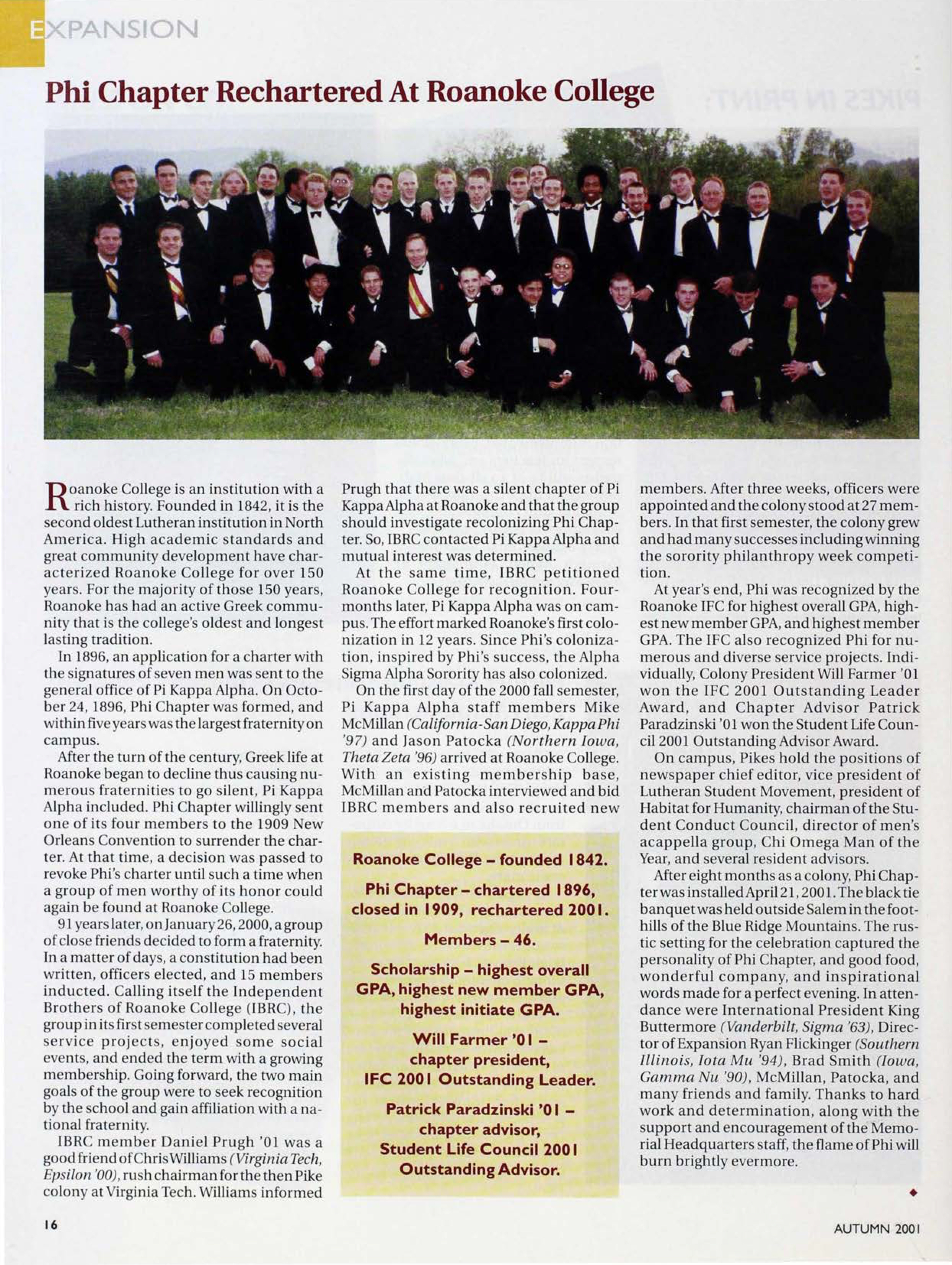 Expansion: Phi Chapter Rechartered at Roanoke College, Autumn 2001